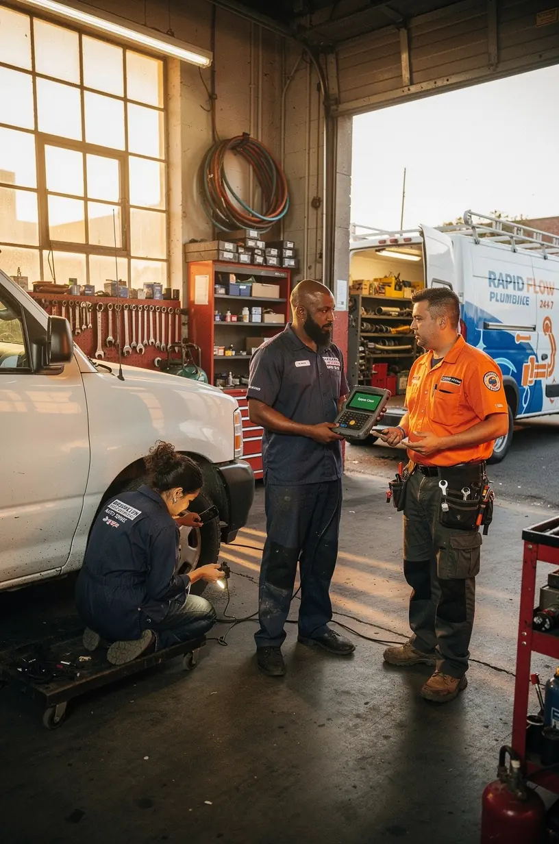 Work van with cleaning company branding being serviced by an experienced auto mechanic.