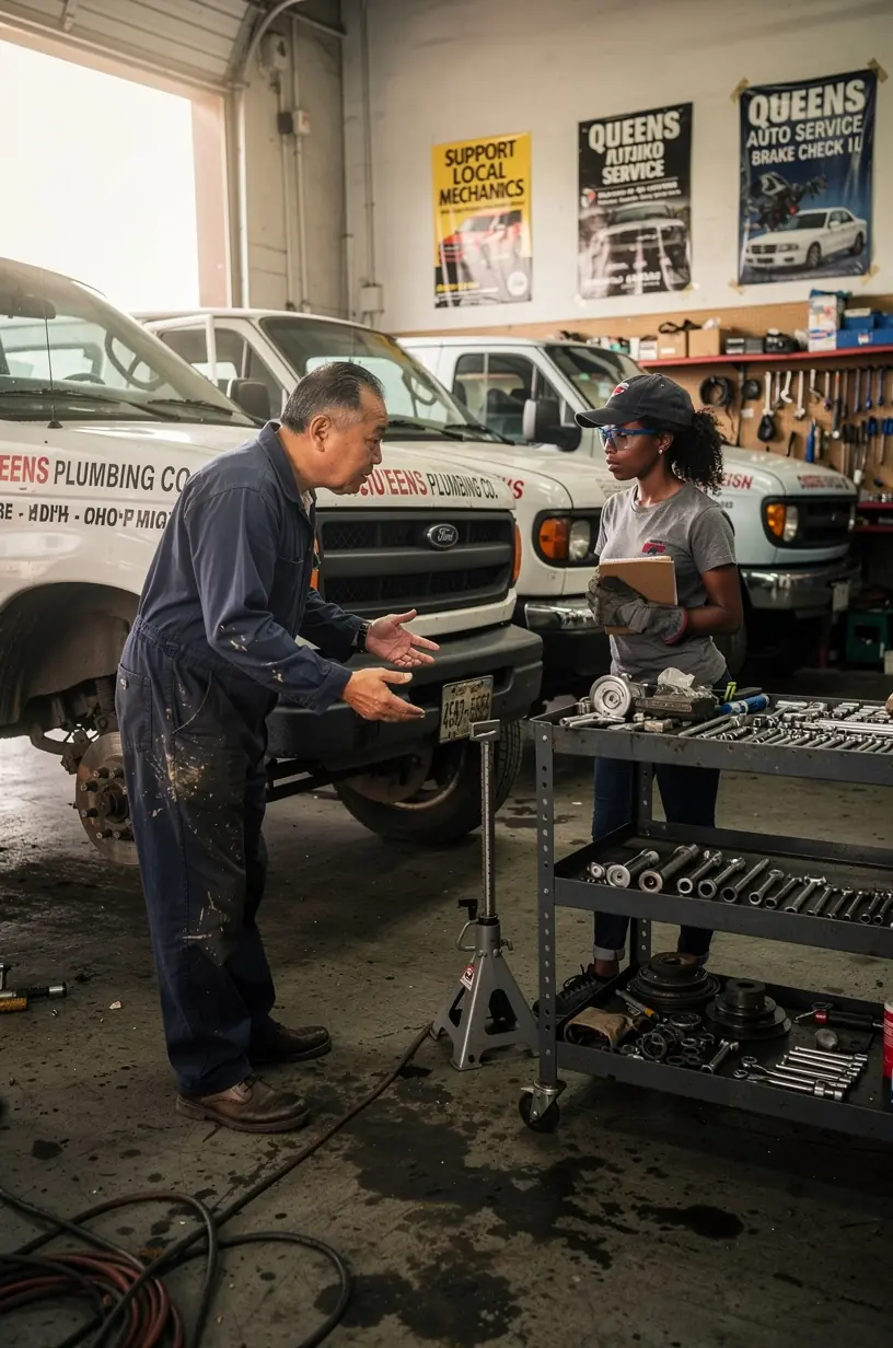 Close-up of a technician performing routine maintenance on a plumber’s service van.